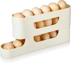 Egg Holder for Fridge Egg Dispenser, 3 Tiers Auto Rolling Fridge Egg Organizer, Space Saving Egg Dispenser Holder, Stackable Eggs Fridge Egg Rack, Large Capacity Egg Dispenser for Refrigerator, White
