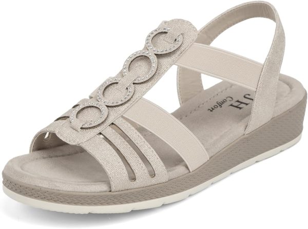 VJH confort Women's Flat Sandals Comfortable Rhinestone Dressy sandals Elastic Open toe Low Wedge Sandals for Summer