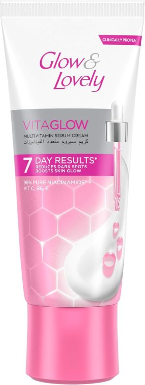 Glow & Lovely Vitaglow Multivitamin Serum Cream, Face Cream, with 98% Pure Niacinamide, Vitamins C, B6 and E, Reduces Dark Spots & Boosts Skin Glow in 7 Days, 75g