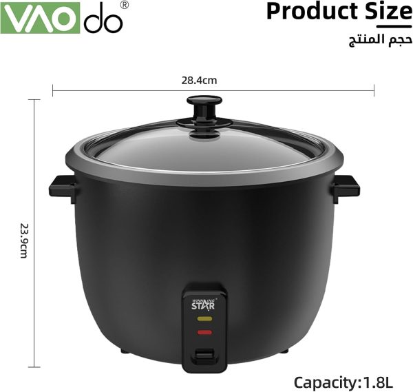 ⁦VAODO 1.8L Rice Cooker Steamer, with Removable Nonstick Pot and Water Level Indicator, Mini Rice Cooker with Glass Lid, Auto Keep Warm, for Soups, Stews, Grains & Oatmeal, Cooking Turner⁩ - الصورة ⁦5⁩