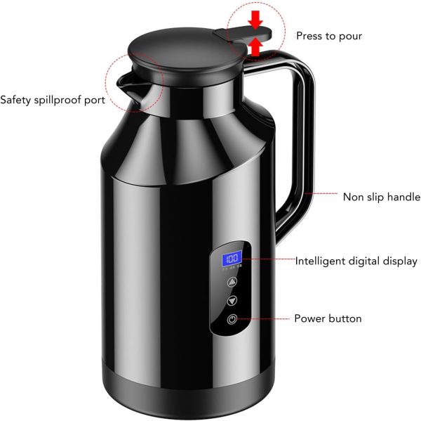 ⁦BROLEO Electric Car Kettle, 12V 24V 1500ml Stainless Steel Water Boiler, Cigarette Lighter Heating Mug, Travel Truck Water Heater Bottle for Tea Coffee Making⁩ - الصورة ⁦8⁩