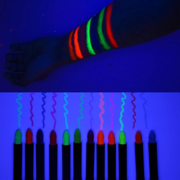 ⁦Face Paint Crayons Glow, 12 Colors Glow in The Black Face & Body Paint Crayons, Neon Blacklight Glow Body Makeup Fluorescent Face Paints for Kids Adult, Neon Face Paint Crayons for Halloween Carnival⁩ - الصورة ⁦3⁩
