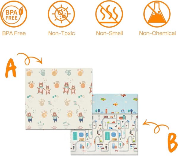 ⁦HI-FINE Foldable Baby Play Mat,Foam Baby Mat for Floor with Storage Bag Waterproof Crawling Mat for Toddlers and Infants,Non Slip Playmat for Babies (200 * 180 * 1.5CM) (Car/Deer)⁩ - الصورة ⁦4⁩