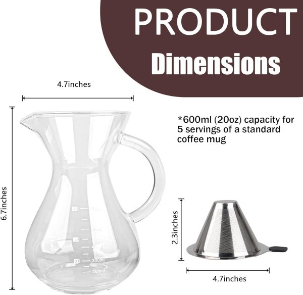 ⁦Azonee Pour Over Coffee Maker, 600ml Paperless Borosilicate Glass Carafe With Reusable Stainless Steel Permanent Filter - Clear Manual Dripper Brewer for Home Office⁩ - الصورة ⁦6⁩