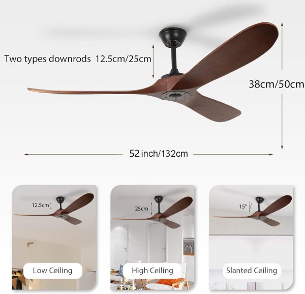 ⁦LIWEGHT 52inch Modern Ceiling Fan with Remote,Indoor/Outdoor Ceiling Fan,3 Walnut Wood Blades, Noiseless Reversible DC Motor,6-Speed for Patio,Bedroom,Living Room,No Light⁩ - الصورة ⁦2⁩
