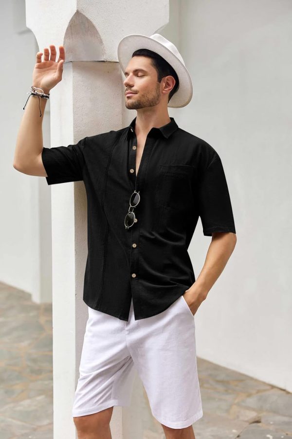 ⁦Mens Beach Linen Shirts Short Sleeve Cuban Button Down Casual Summer T Shirt Guayabera Hawaiian Tee Loose Fit Tops⁩ - الصورة ⁦3⁩