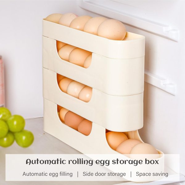 ⁦Egg Holder for Fridge Egg Dispenser, 3 Tiers Auto Rolling Fridge Egg Organizer, Space Saving Egg Dispenser Holder, Stackable Eggs Fridge Egg Rack, Large Capacity Egg Dispenser for Refrigerator, White⁩ - الصورة ⁦5⁩