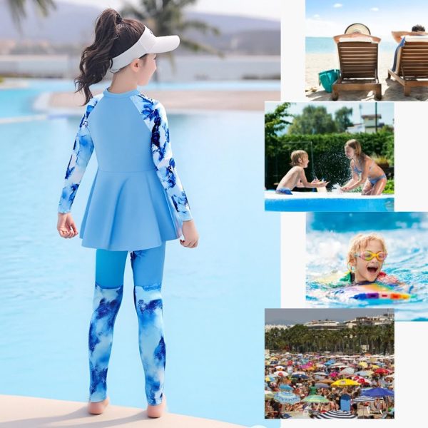 ⁦3-Piece Girls Modest Swimsuit Set, Long Sleeve Rash Guard with Leggings, Blue Marble Print, UPF 50+⁩ - الصورة ⁦3⁩