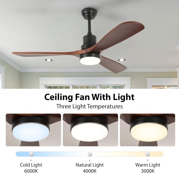 ⁦60" Ceiling Fan with Light Remote Control, Modern Smart Outdoor Ceiling Fans, Wood Walnut 3 Blades, Noiseless Reversible 6-Speed Motor for Bedroom, Garage, Patios, Kitchen, Farmhouse⁩ - الصورة ⁦6⁩