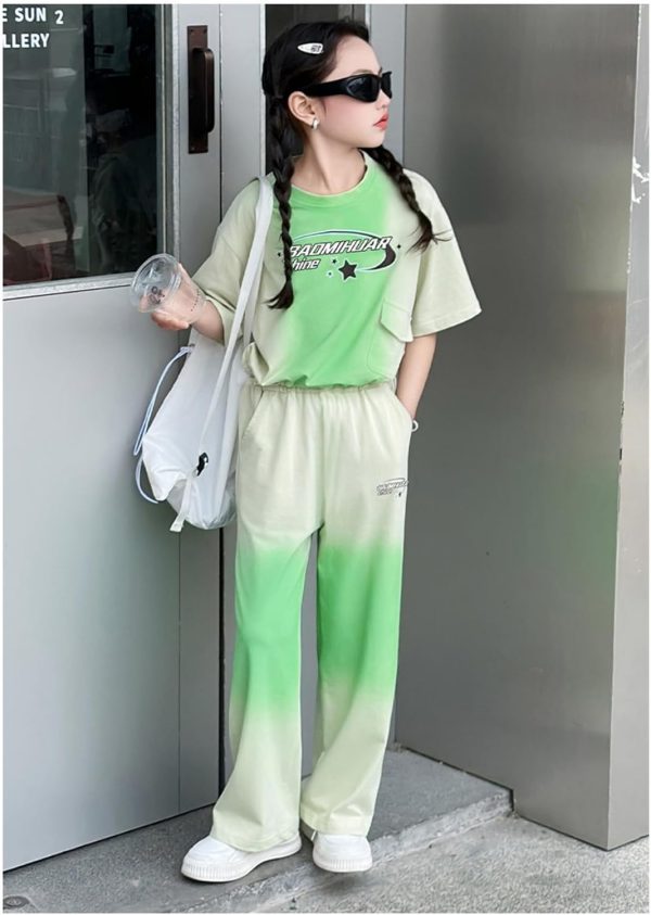 ⁦Girls' Summer Two-Piece Set, Pink Gradient T-Shirt and Wide-Leg Trousers, Ages 4-15 Years，Children's tie-dyed casual sportswear set⁩ - الصورة ⁦4⁩