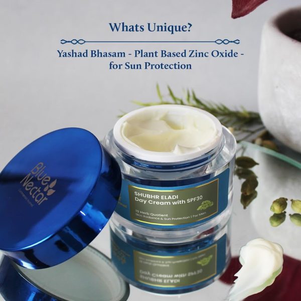 ⁦Blue Nectar SPF 30 Brightening Day Cream for Men Daily Use with Plant Based Actives | Eladi & Kumkumadi Cream for Sun Protection & Skin Brightening (16 Herbs, 50g)⁩ - الصورة ⁦2⁩