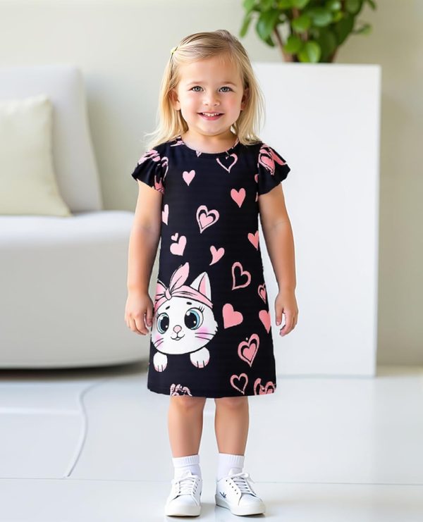 ⁦VeryNew Girls Ruffle Sleeve Dress A-Line Skater Kids Cute Cat Casual Dresses Summer Sundress for 4-8 Years⁩ - الصورة ⁦2⁩