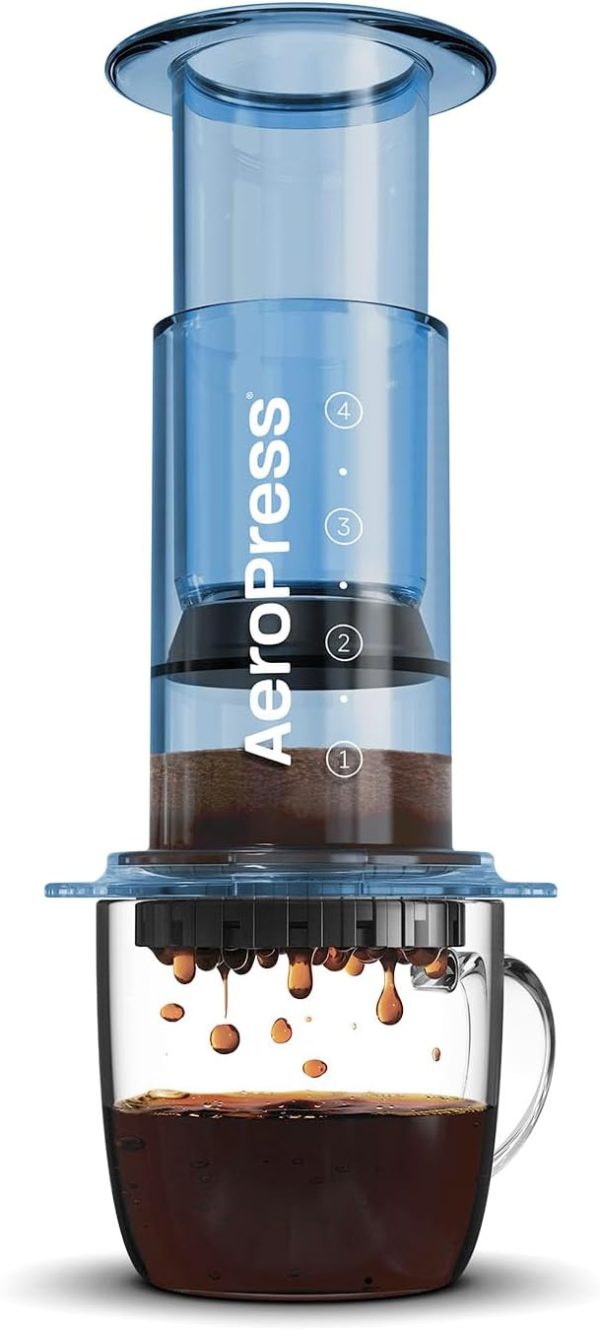 AeroPress Clear Coffee Press – 3 In 1 Brew Method Combines French Press, Pourover, Espresso, Full Bodied Coffee Without Grit or Bitterness, Small Portable Coffee Maker for Camping & Travel, Blue