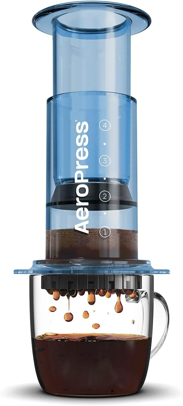 AeroPress Clear Coffee Press – 3 In 1 Brew Method Combines French Press, Pourover, Espresso, Full Bodied Coffee Without Grit or Bitterness, Small Portable Coffee Maker for Camping & Travel, Blue