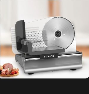 Electric Slicer and Cutting Machine, Removable Stainless Steel Blade Pusher, Cheese Fruit Vegetable Bread Cutter Adjustable Knob for Thickness Food 500W SK-446 Silver