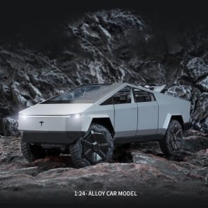 ALMEKAQUZ Tesla Cybertruck Pickup Alloy Die Casting Toy Car Metal Car Model Sound and Light Pull Back Toys Gift Series Silver (1/24 Scale)