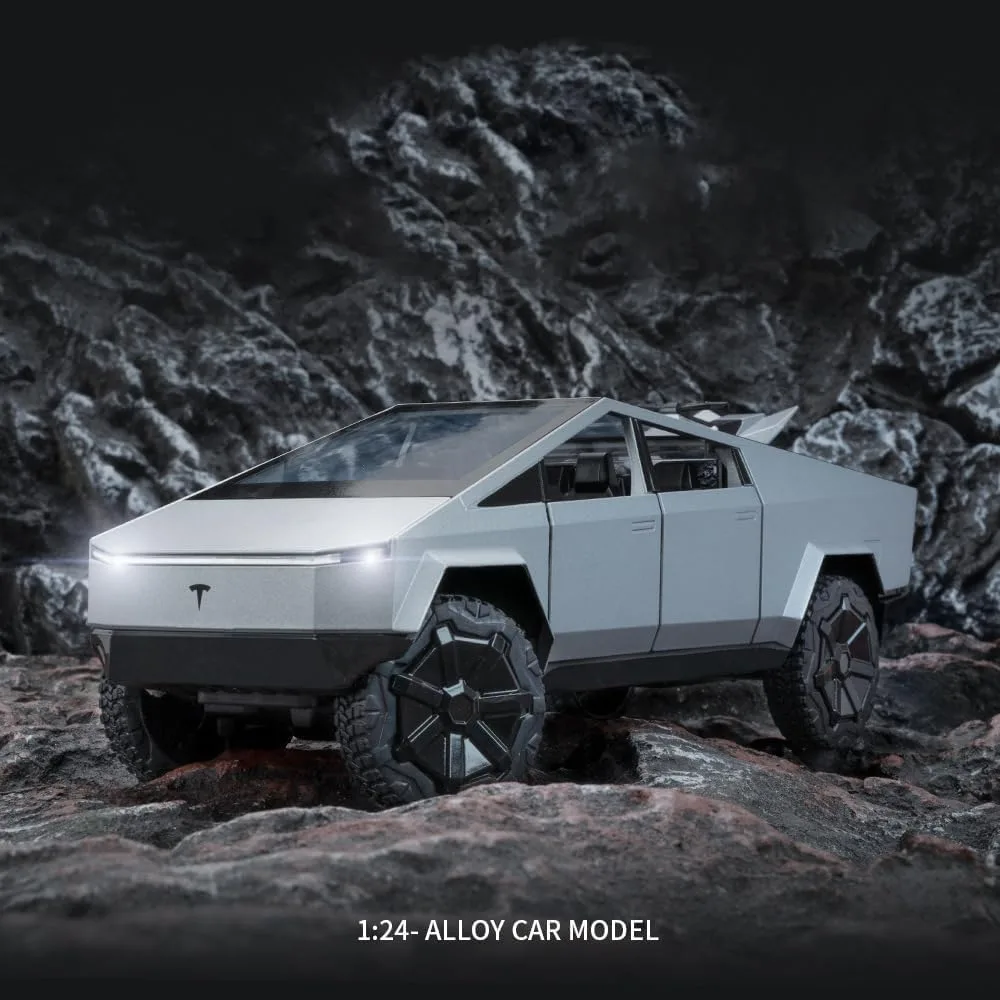 ALMEKAQUZ Tesla Cybertruck Pickup Alloy Die Casting Toy Car Metal Car Model Sound and Light Pull Back Toys Gift Series Silver (1/24 Scale)