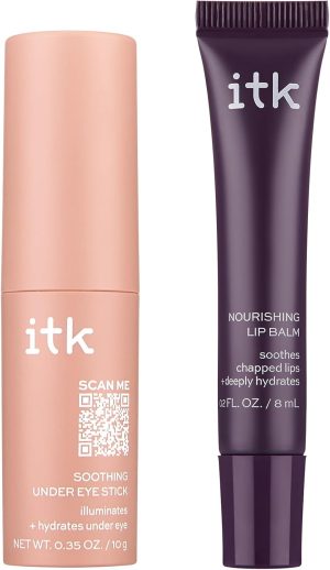 ITK Skincare Gift Set - Aloe Vera Under Eye Stick + Shea Butter Lip Balm Duo to Reduce Eye Puffiness and Soothe Chapped Lips with Vitamin E - Hydrates Dry Lips and Eyes - Travel Skincare Set