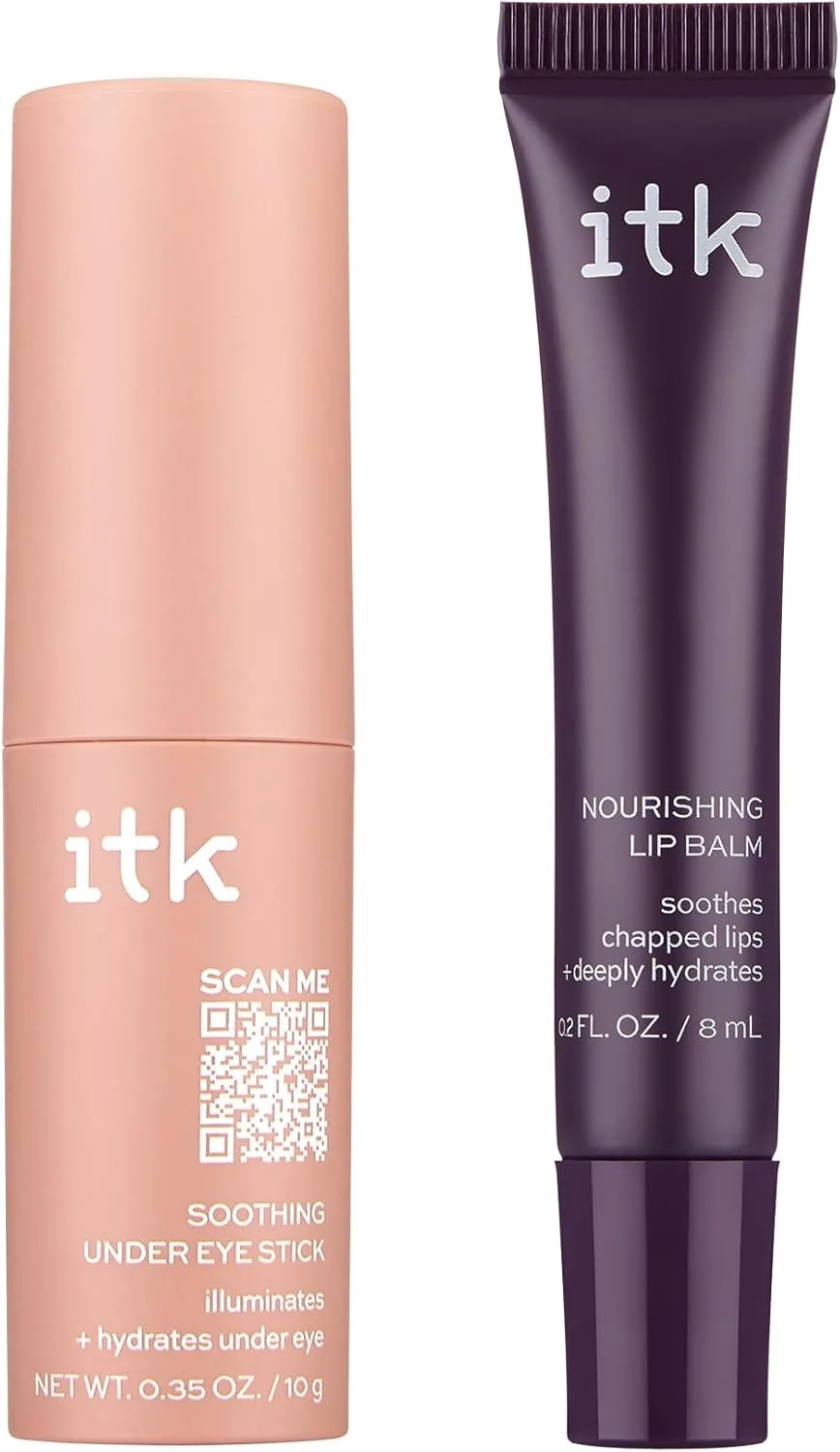 ITK Skincare Gift Set - Aloe Vera Under Eye Stick + Shea Butter Lip Balm Duo to Reduce Eye Puffiness and Soothe Chapped Lips with Vitamin E - Hydrates Dry Lips and Eyes - Travel Skincare Set