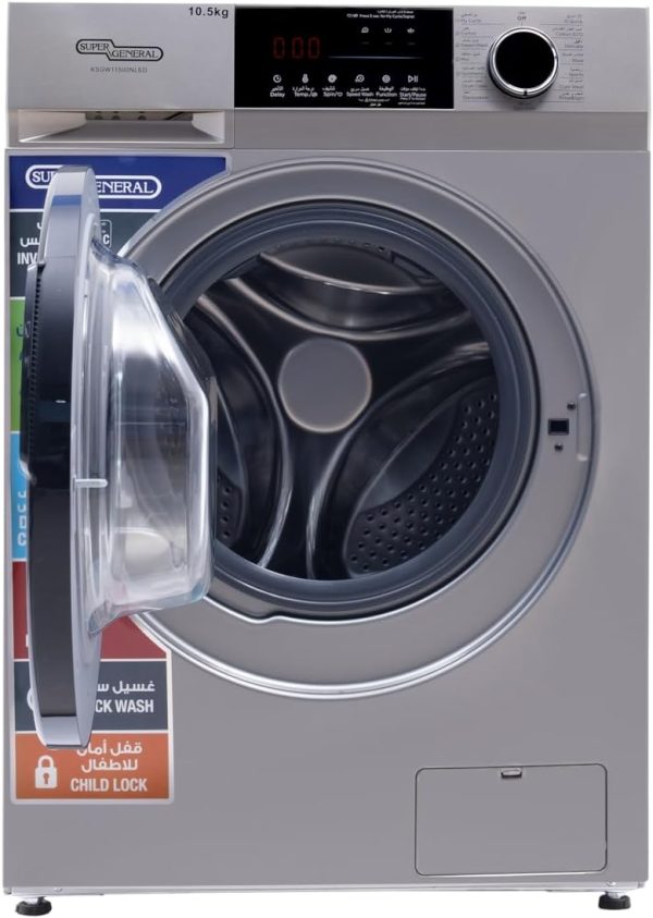 ⁦Super General 10.5kg Front Loading Washing Machine, 1400rpm, Energy Efficiency, LED Digital Display, Quick Wash, Silent Operation,Stainless Steel-Drum,Silver | KSGW11500NLED With 2 Years Warranty.⁩ - الصورة ⁦3⁩