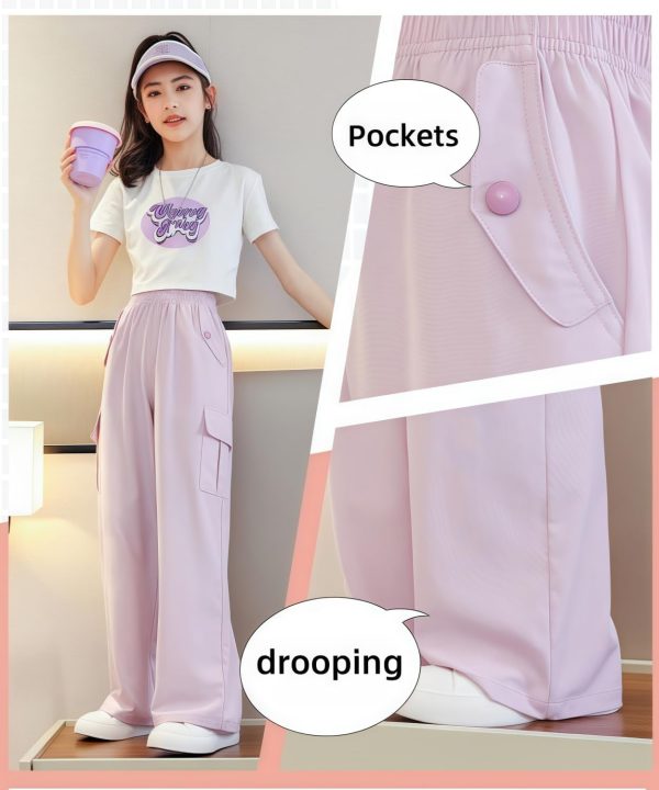 ⁦Girls' summer two-piece set, short short-sleeved top and wide-leg work pants, pinkish-purple and white, cool fabric, cute girl printed wide T-shirt + wide-leg pants, 5-16Y⁩ - الصورة ⁦2⁩
