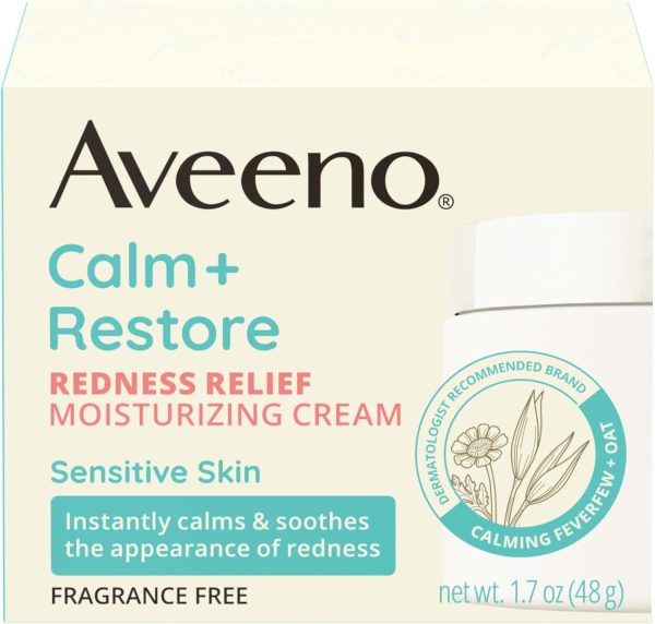 ⁦Aveeno Calm + Restore Redness Relief Moisturizing Cream, Daily Facial Cream for Sensitive Skin Instantly Calms & Soothes the Appearance of Redness, Fragrance-Free & Hypoallergenic, 1.7 oz⁩ - الصورة ⁦7⁩