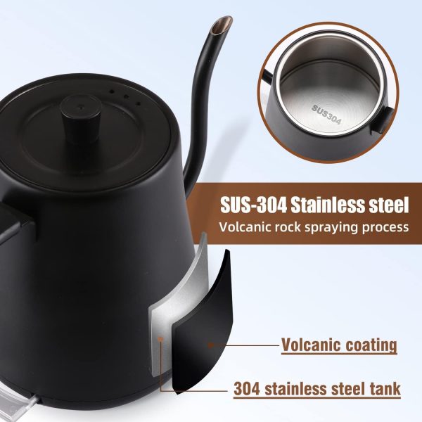 ⁦TRASSLE Electric Gooseneck Kettle,Pour-Over Coffee and Tea Kettle Wood Handle, Quick Heating, Precise Temperature Control,Stainless Steel Inner Lid & Bottom, 1000W/0.8L(Black)⁩ - الصورة ⁦4⁩