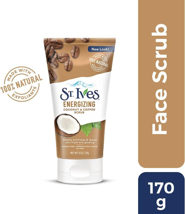 ⁦St. Ives Energizing Face Scrub, Coconut & Coffee, Deep Cleanser for Bright Skin, Paraben Free, Dermatologically Tested, 170 gm⁩ - الصورة ⁦2⁩