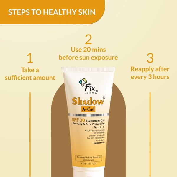 ⁦Fixderma Shadow Sunscreen A-Gel SPF 30 for Acne Prone Skin, Non-Oily, Broad Spectrum UVA and UVB Protection, Transparent Gel - 75ml⁩ - الصورة ⁦3⁩