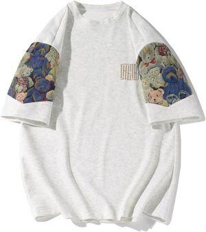 GMOYD Mens Embroidery T Shirt Crewneck Short Sleeve Shirts Patchwork Baggy Tees Tops