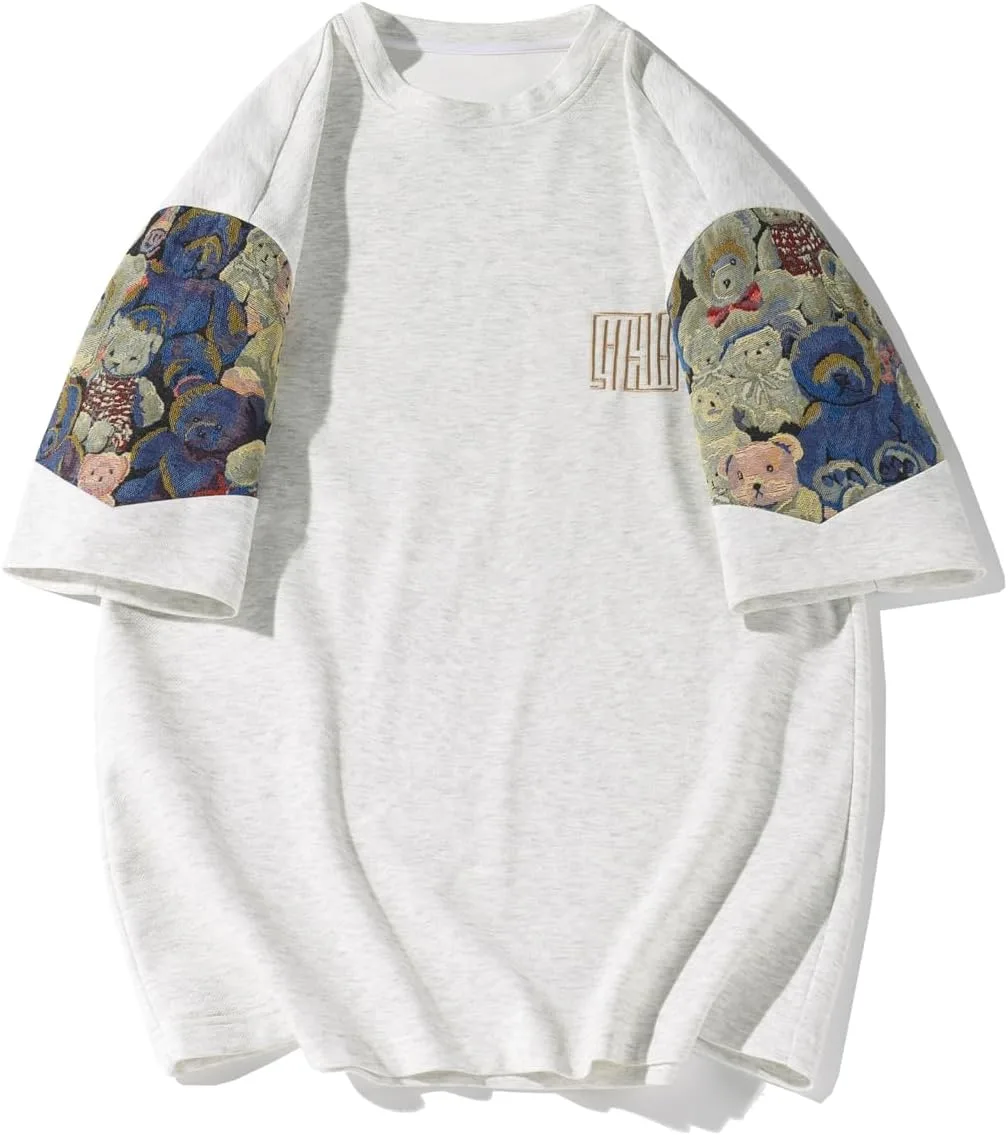 GMOYD Mens Embroidery T Shirt Crewneck Short Sleeve Shirts Patchwork Baggy Tees Tops