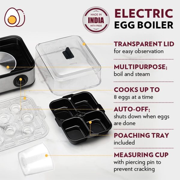 ⁦Borosil Electric Plus Egg Boiler with Poaching Tray, Boil Upto 8 Eggs At A Time, For Hard, Soft, Medium Boiled Eggs, Steamed Vegetables, Transparent Lid, Stainless Steel Exterior⁩ - الصورة ⁦4⁩