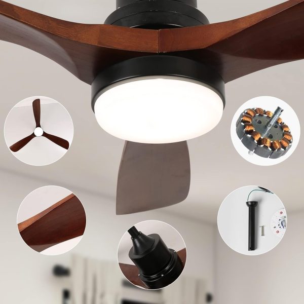 ⁦60" Ceiling Fan with Light Remote Control, Modern Smart Outdoor Ceiling Fans, Wood Walnut 3 Blades, Noiseless Reversible 6-Speed Motor for Bedroom, Garage, Patios, Kitchen, Farmhouse⁩ - الصورة ⁦3⁩