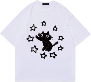 Vamtac Graphic Tees Unisex Loose Star Cat Print Tee Casual Summer Y2k Shirt Cute Short Sleeve Cotton Top
