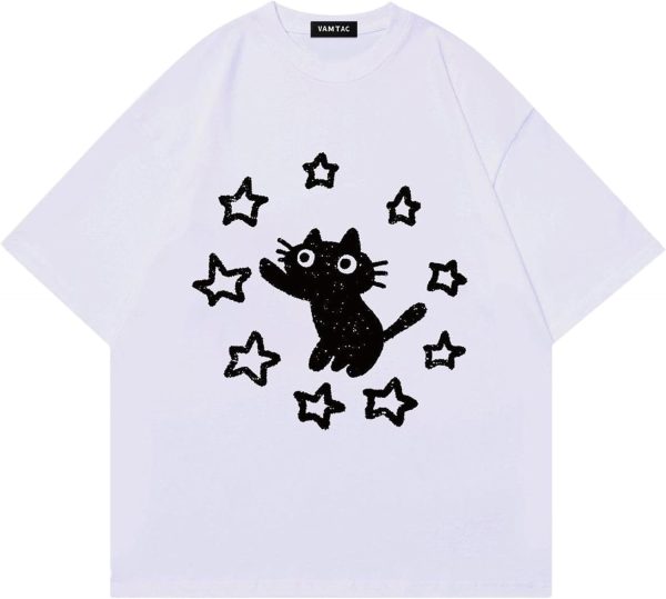 Vamtac Graphic Tees Unisex Loose Star Cat Print Tee Casual Summer Y2k Shirt Cute Short Sleeve Cotton Top