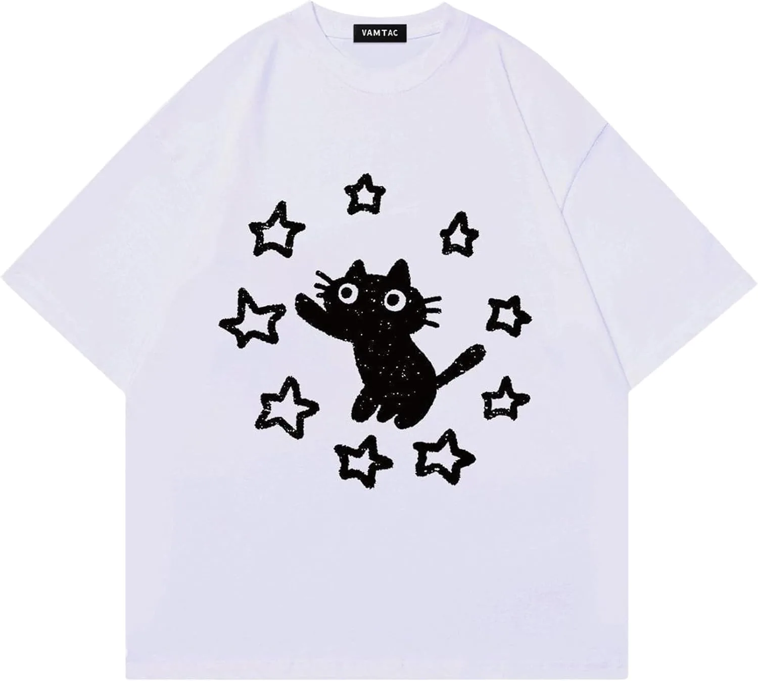 Vamtac Graphic Tees Unisex Loose Star Cat Print Tee Casual Summer Y2k Shirt Cute Short Sleeve Cotton Top