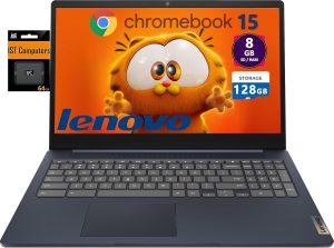 Lenovo Chromebook 15 (15.6" FHD, 8GB RAM, 128GB Storage (64GB eMMC + 64GB SD Card), 2TB Cloud Storage, Intel Celeron), Home & Student Laptop, Webcam, 10-Hr Long Battery Life, Wi-Fi 6, Chrome OS