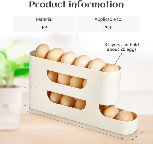 ⁦Egg Holder for Fridge Egg Dispenser, 3 Tiers Auto Rolling Fridge Egg Organizer, Space Saving Egg Dispenser Holder, Stackable Eggs Fridge Egg Rack, Large Capacity Egg Dispenser for Refrigerator, White⁩ - الصورة ⁦6⁩