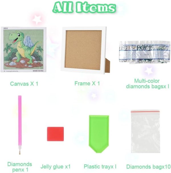 ⁦5D Diamond Art Kit for Kids, with Wooden Frame, Cartoon Diamonds Art Easy Kits, Small Anime Diamonds Painting Full Drill Diamond Art Gem Painting for Girls Boys Beginners, Home Wall Decor (Dinosaur)⁩ - الصورة ⁦5⁩