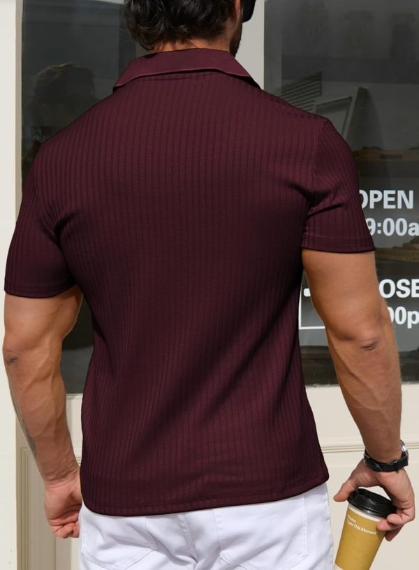 ⁦YTD Men's Muscle V Neck Polo Shirts Slim Fit Solid Short Sleeve Golf T-Shirts Ribbed Knit Soft Tees⁩ - الصورة ⁦5⁩