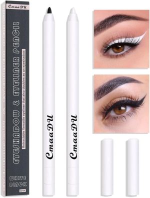 KASTWAVE Black White Eyeliner Pencil, 2 Pcs Matte Smooth White Eye Brightener Stick with Built-in Sharpener, Quick Drying Waterproof High Pigmented Highlighter Eye Liner Pen, Waterproof Smudge Proof