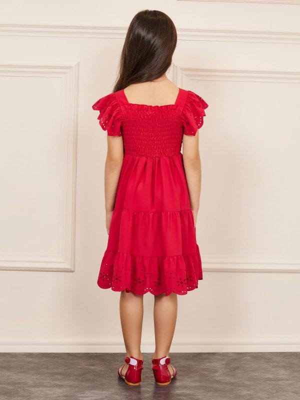 ⁦Styli Girls Laser Cut Out and Smocked Detail Tiered Dress⁩ - الصورة ⁦5⁩