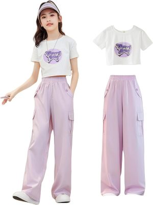 Girls' summer two-piece set, short short-sleeved top and wide-leg work pants, pinkish-purple and white, cool fabric, cute girl printed wide T-shirt + wide-leg pants, 5-16Y