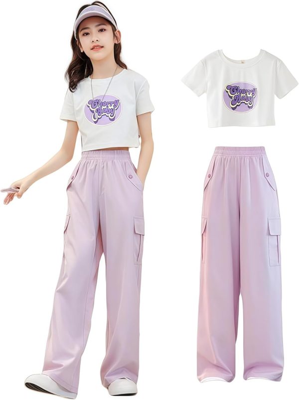 Girls' summer two-piece set, short short-sleeved top and wide-leg work pants, pinkish-purple and white, cool fabric, cute girl printed wide T-shirt + wide-leg pants, 5-16Y