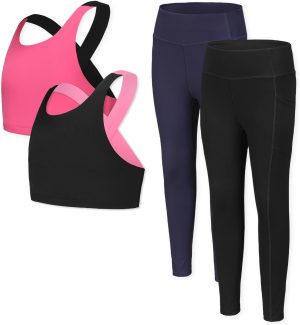 Ymzia Girls Yoga Leggings Girls Athletic Leggings Training Bras Set Kids Gym Crop Tank Top Activewear set for 5-13Years