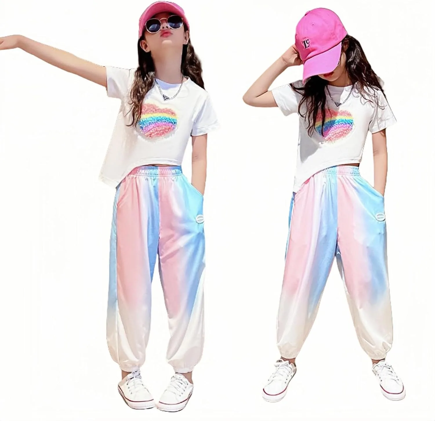 Children's Clothing, A Cute Summer Two-piece Set for Girls, A Cute Heart-shaped Short Top and Sporty Trousers Set, Suitable for Ages 4 To 13