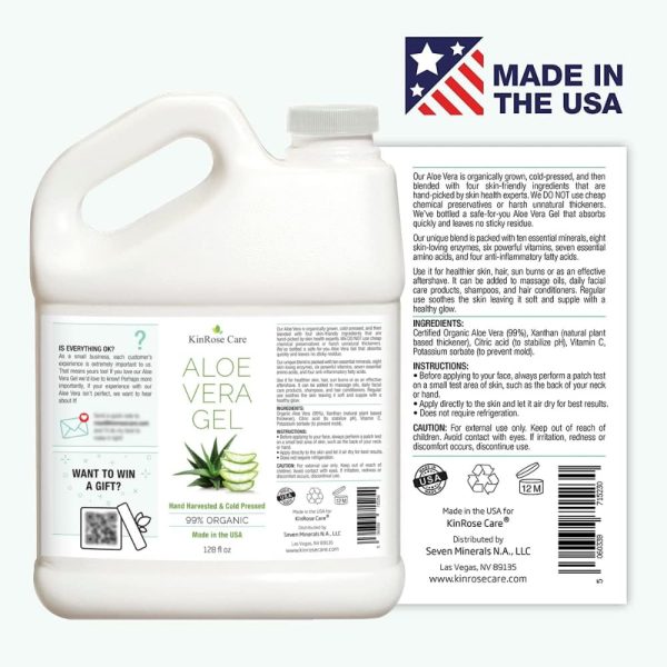 ⁦Aloe Vera Gel Organic Gallon for Face, Skin, Hair & Sunburn Relief - by KinRose Care - 100 Percent Pure Aloe Vera Gel Bulk Wholesale - Cold Pressed, Vegan, Unscented - Made in USA (128 Fl Oz)⁩ - الصورة ⁦4⁩