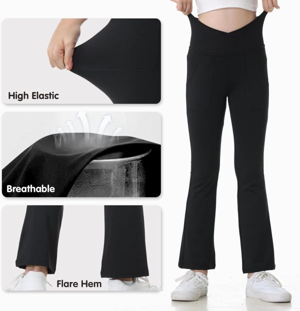 ⁦Jinhiteam Leggings with Pockets for Girls Solid Black Stretch High Waist Tummy Control Workout Dance Bootcut Yoga Pants⁩ - الصورة ⁦7⁩