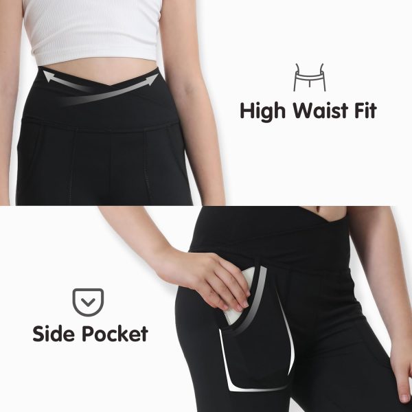 ⁦Jinhiteam Leggings with Pockets for Girls Solid Black Stretch High Waist Tummy Control Workout Dance Bootcut Yoga Pants⁩ - الصورة ⁦8⁩