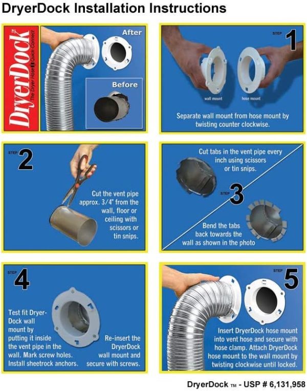 ⁦Dryer Dock The Original Dryer Vent Quick Release - Two-Piece Dryer Hose Quick-Connect, Twist & Lock Tight, Fits 4 Inch Tubes,White⁩ - الصورة ⁦9⁩
